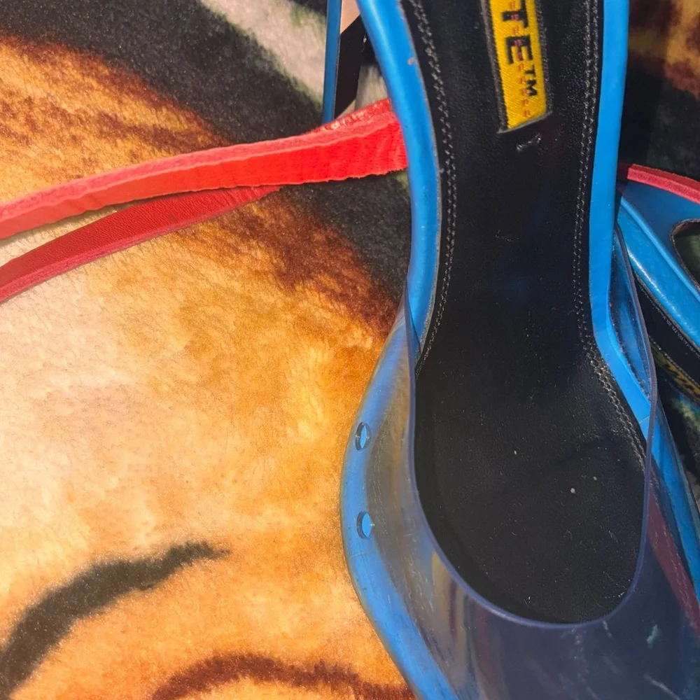 Off-White Blue and Black Pointed Patent Pumps with Red Straps